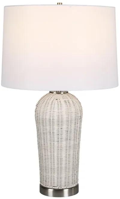 25 Inch Table Lamp, Rattan Woven, White Linen Shade, Brushed Silver Accents - Benzara