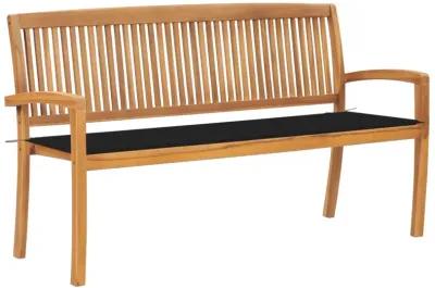 vidaXL Retro-Style Stacking Patio Bench with Cushion, Outdoor Seating, Weather-Resistant 62.6-Inch Solid Teak Wood Construction, Black Cushion Included