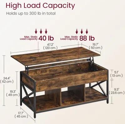 Modern Lift Top Coffee Table - Hidden & Open Compartments with X-Shaped Steel Frame