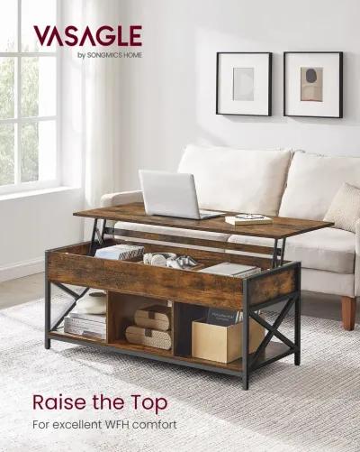 Modern Lift Top Coffee Table - Hidden & Open Compartments with X-Shaped Steel Frame