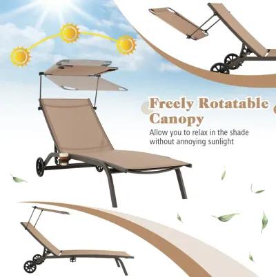 Patio Heavy-Duty Adjustable Chaise Lounge Chair with Canopy Cup holder and Wheels-Brown