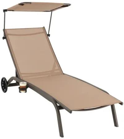 Patio Heavy-Duty Adjustable Chaise Lounge Chair with Canopy Cup holder and Wheels-Brown