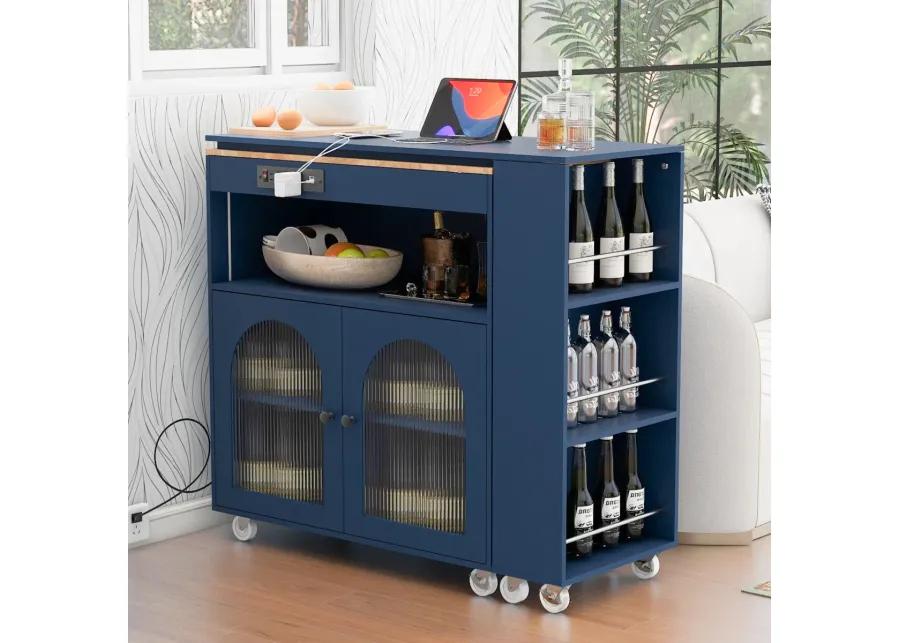 Rolling Kitchen Island with LED Lights and Storage