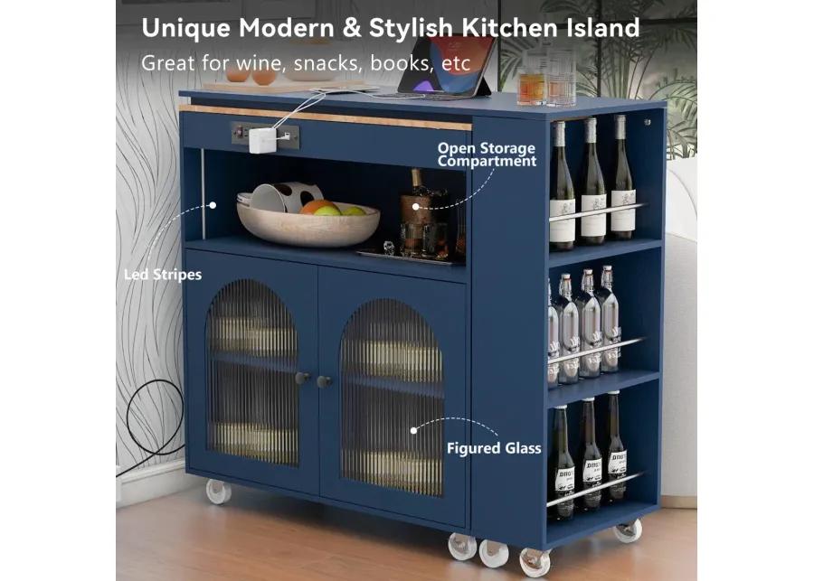 Rolling Kitchen Island with LED Lights and Storage