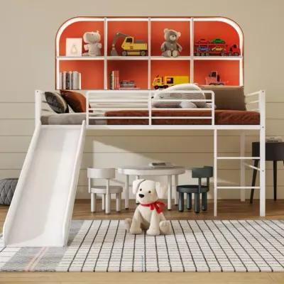 Hivvago Twin Metal Loft Bed with Slide Safety Guardrails and Built-in Ladder