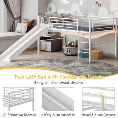 Hivvago Twin Metal Loft Bed with Slide Safety Guardrails and Built-in Ladder