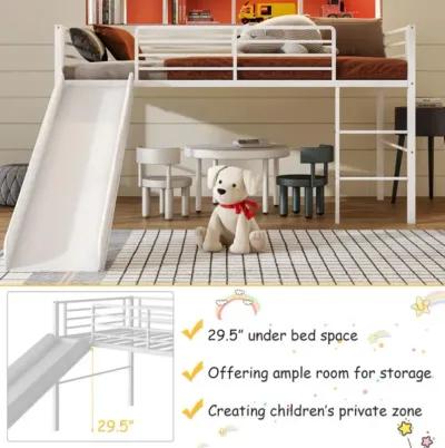 Hivvago Twin Metal Loft Bed with Slide Safety Guardrails and Built-in Ladder