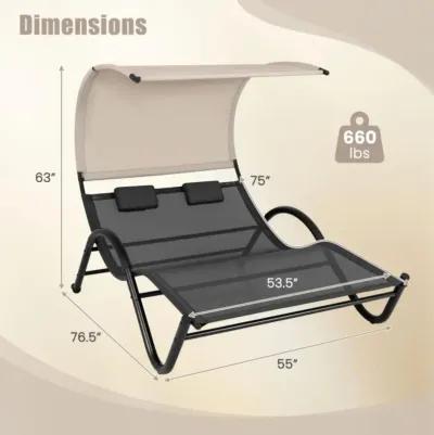 Hivvago Outdoor Double Chaise Lounge Chair with Sunshade Canopy and Headrest Pillows