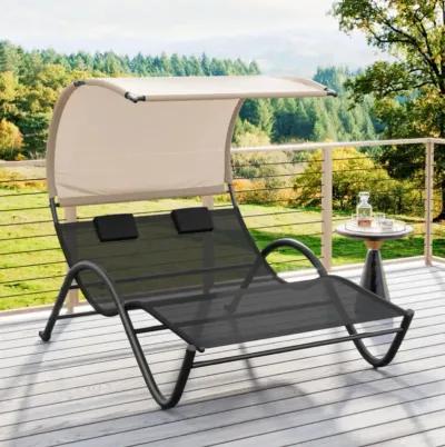 Hivvago Outdoor Double Chaise Lounge Chair with Sunshade Canopy and Headrest Pillows