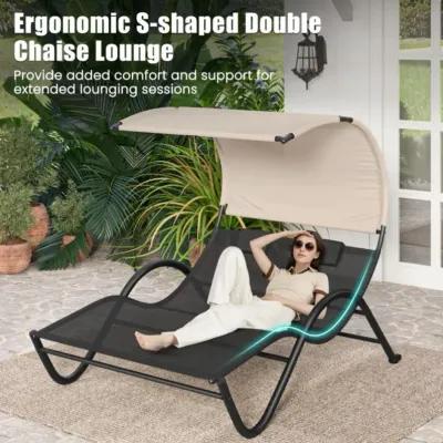 Hivvago Outdoor Double Chaise Lounge Chair with Sunshade Canopy and Headrest Pillows