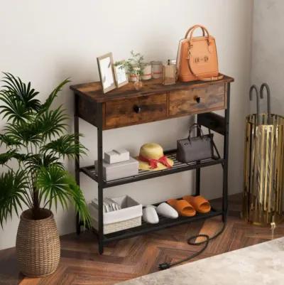 Hivvago Narrow Console Table with 2 Drawers and 2 Metal Mesh Shelves