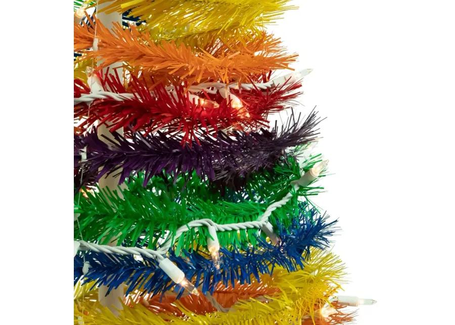 6' Pre-Lit Rainbow Tinsel Pop-Up Artificial Christmas Tree  Clear Lights