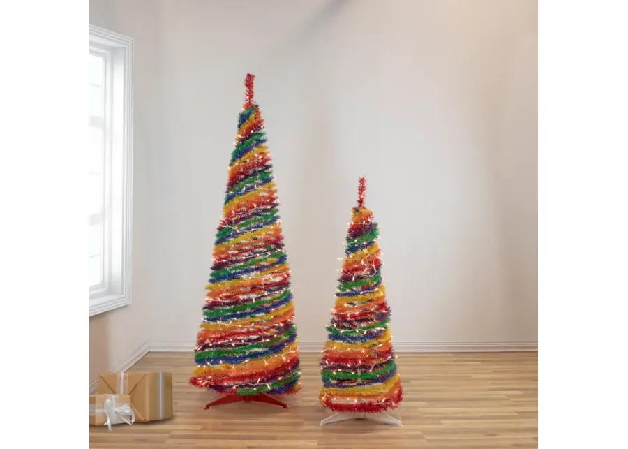 6' Pre-Lit Rainbow Tinsel Pop-Up Artificial Christmas Tree  Clear Lights