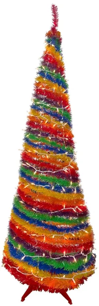 6' Pre-Lit Rainbow Tinsel Pop-Up Artificial Christmas Tree  Clear Lights