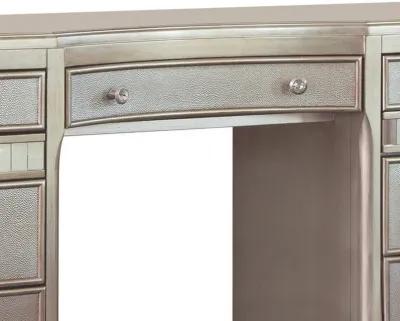 Deco Vanity Desk Dresser, 9 Mirrored Drawers, Turned Feet, Bling, Silver - Benzara