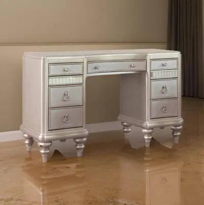 Deco Vanity Desk Dresser, 9 Mirrored Drawers, Turned Feet, Bling, Silver - Benzara