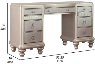 Deco Vanity Desk Dresser, 9 Mirrored Drawers, Turned Feet, Bling, Silver - Benzara