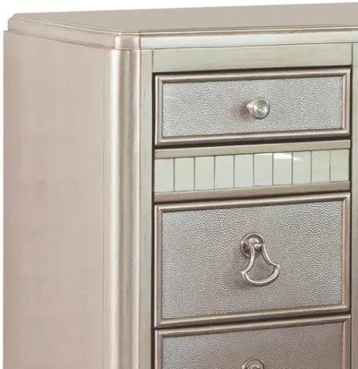 Deco Vanity Desk Dresser, 9 Mirrored Drawers, Turned Feet, Bling, Silver - Benzara