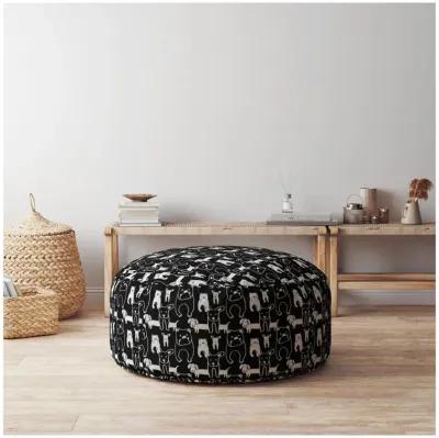 Homezia 24" Black And White Cotton Round Animal Print Pouf Ottoman