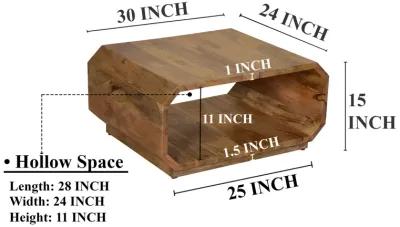 30 Inch Coffee Table, Handcrafted Hollow Cube Shape, Natural Brown Mango Wood