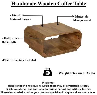 30 Inch Coffee Table, Handcrafted Hollow Cube Shape, Natural Brown Mango Wood