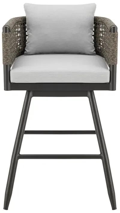 Piper 26 Inch Outdoor Swivel Counter Stool Chair, Rope Woven, Gray Cushions - Benzara