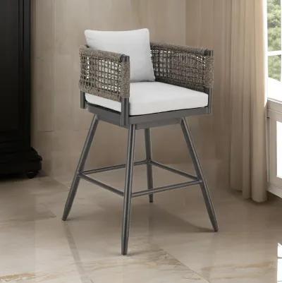 Piper 26 Inch Outdoor Swivel Counter Stool Chair, Rope Woven, Gray Cushions - Benzara