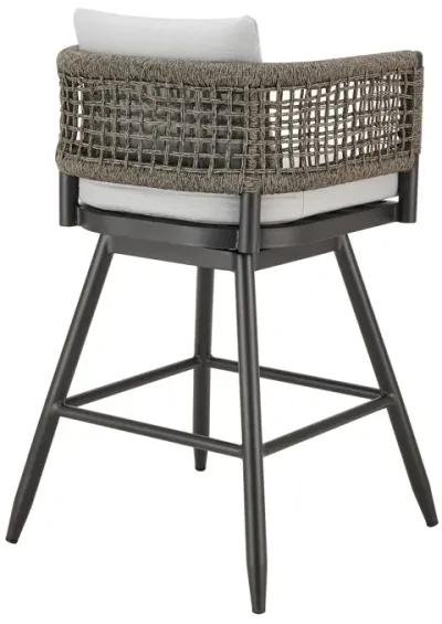 Piper 26 Inch Outdoor Swivel Counter Stool Chair, Rope Woven, Gray Cushions - Benzara