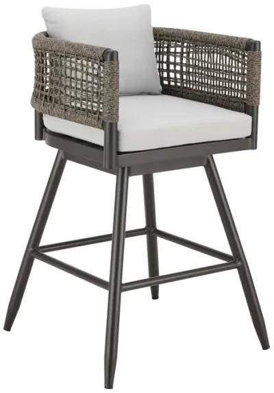 Piper 26 Inch Outdoor Swivel Counter Stool Chair, Rope Woven, Gray Cushions - Benzara