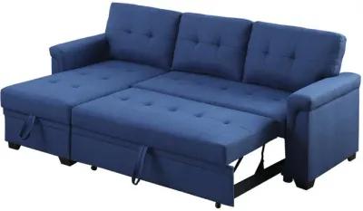 84 Inch Reversible Tufted Sectional Sleeper Sofa with Chaise Lounger, Blue - Benzara