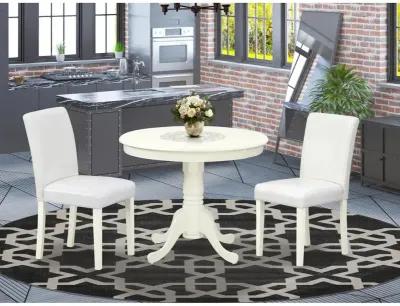 3 Piece Modern Dining Table Set Contains a Round Kitchen Table with Pedestal and 2 White Faux Leather Upholstered Chairs, 36x36 Inch, Linen White