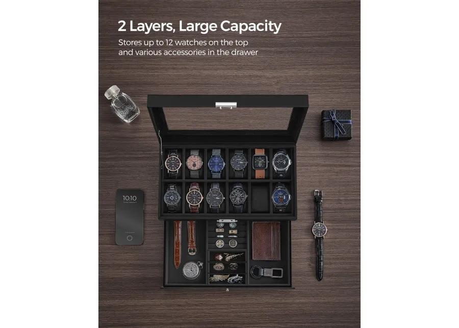 12-Slot Men's Watch Box Jewelry Organizer with Lock and Keys