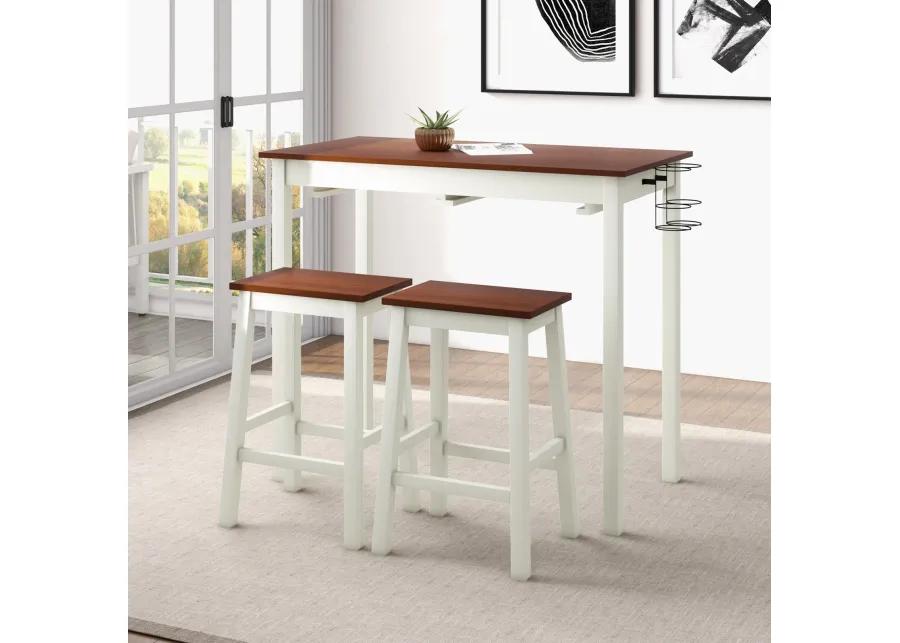 3-Piece Bar Table Set with 2 Wine Holders and Wooden Legs-White