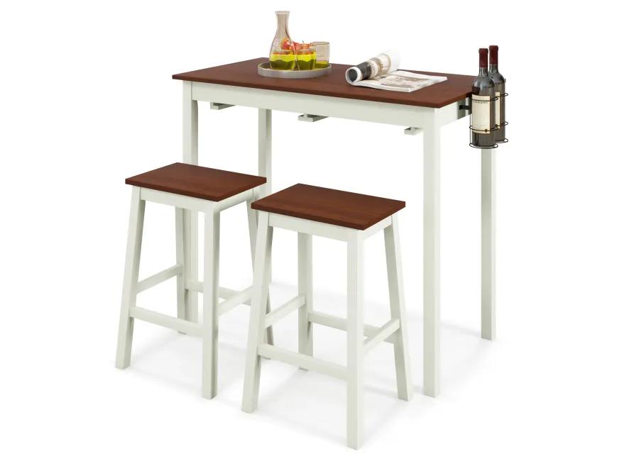 3-Piece Bar Table Set with 2 Wine Holders and Wooden Legs-White