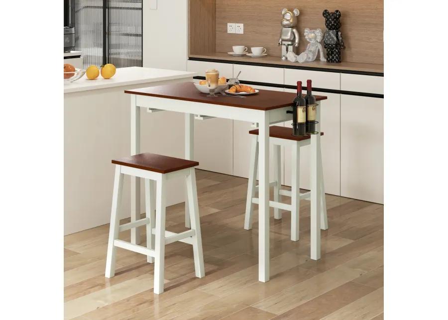 3-Piece Bar Table Set with 2 Wine Holders and Wooden Legs-White