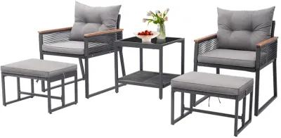 5 Piece Outdoor Rattan Conversation Set with 2-Layer Side Table and 2 Ottomans-Grey