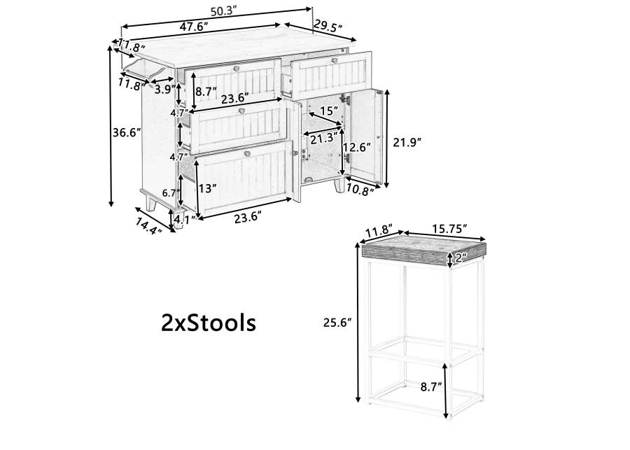 Farmhouse Kitchen Island Set with 2 Stools