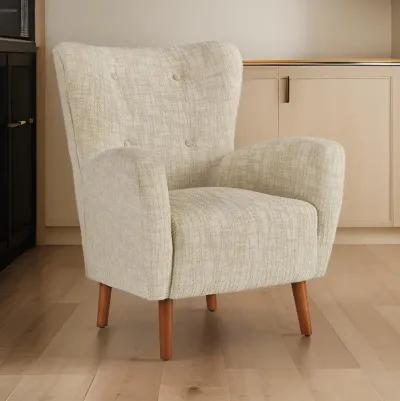 Sonie Accent Chair, Beige Polyester, Soft Cushions, Tapered Brown Wood Legs -