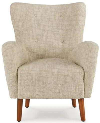 Sonie Accent Chair, Beige Polyester, Soft Cushions, Tapered Brown Wood Legs -