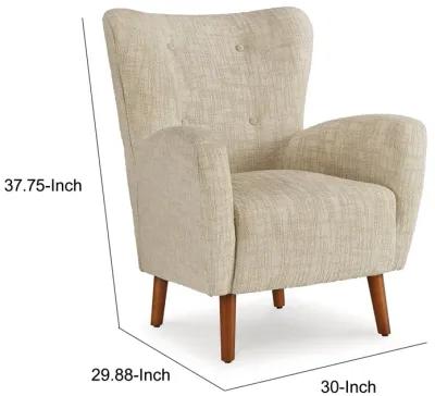 Sonie Accent Chair, Beige Polyester, Soft Cushions, Tapered Brown Wood Legs -