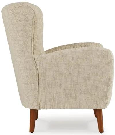 Sonie Accent Chair, Beige Polyester, Soft Cushions, Tapered Brown Wood Legs -