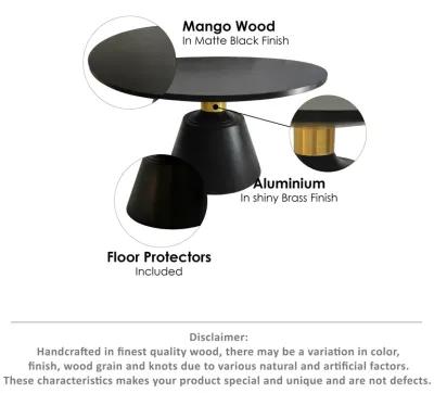 Fawn 32 Inch Coffee Table, Black Mango Wood Round Top, Modern Tapered Pedestal Base, Shiny Brass Support - Benzara