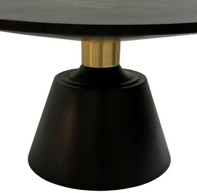 Fawn 32 Inch Coffee Table, Black Mango Wood Round Top, Modern Tapered Pedestal Base, Shiny Brass Support - Benzara