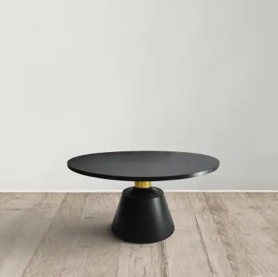 Fawn 32 Inch Coffee Table, Black Mango Wood Round Top, Modern Tapered Pedestal Base, Shiny Brass Support - Benzara