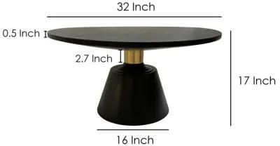 Fawn 32 Inch Coffee Table, Black Mango Wood Round Top, Modern Tapered Pedestal Base, Shiny Brass Support - Benzara