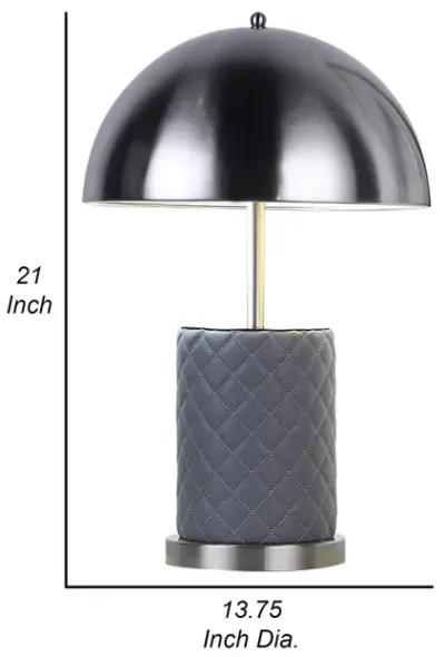 Aria 21 Inch Table Lamp, Dome Shade, Round, Gray Faux Leather, Dark Silver-Benzara