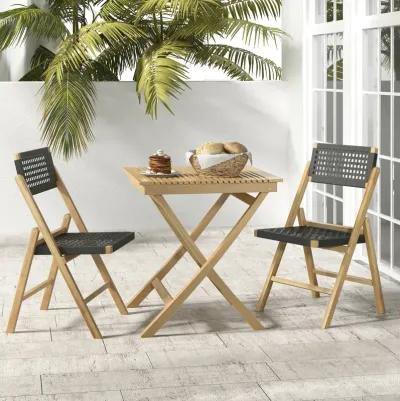 Set of 2 Folding Chairs Teak Wood Dining Chairs with Woven Rope Seat and Back