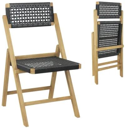 Set of 2 Folding Chairs Teak Wood Dining Chairs with Woven Rope Seat and Back