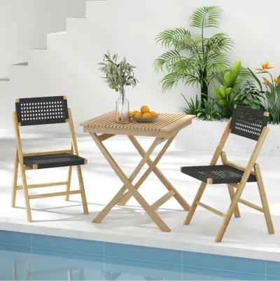 Set of 2 Folding Chairs Teak Wood Dining Chairs with Woven Rope Seat and Back