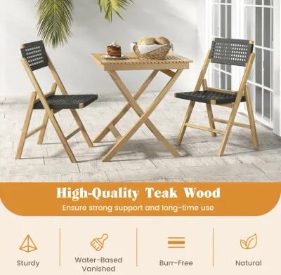 Set of 2 Folding Chairs Teak Wood Dining Chairs with Woven Rope Seat and Back